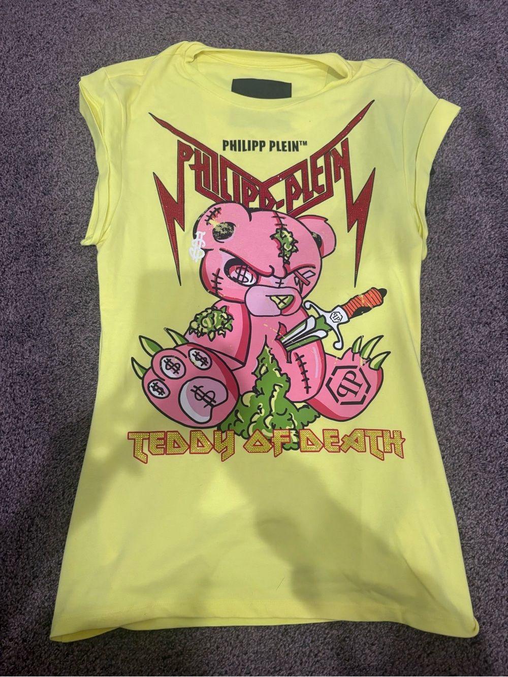 Philipp Plein Yellow Tank Top with Pink Teddy Graphic and Red Accents